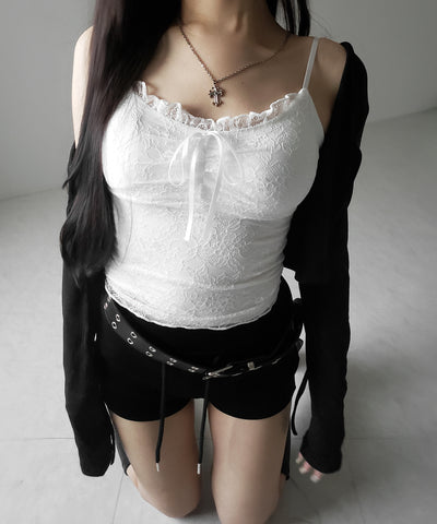 【 ２color 】フロントリボンレースレイヤードキャミソール ／ front ribbon lace layered camisole