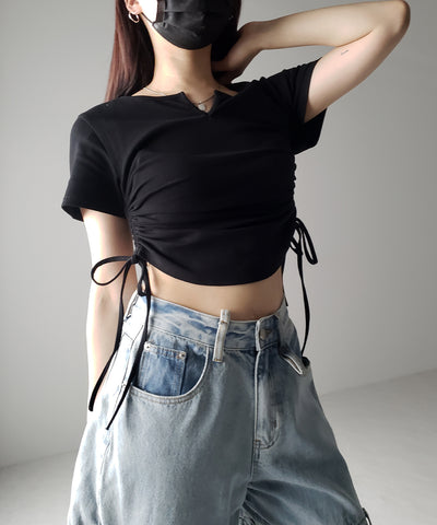 【 ２color 】サイドシャーリングリボン半袖ショートＴシャツ ／ side shirring ribbon short Tee