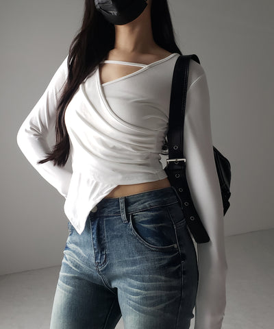 【 ３color 】ラインストラップギャザークロスレイヤードトップス ／ line strap gather cross layered Tops