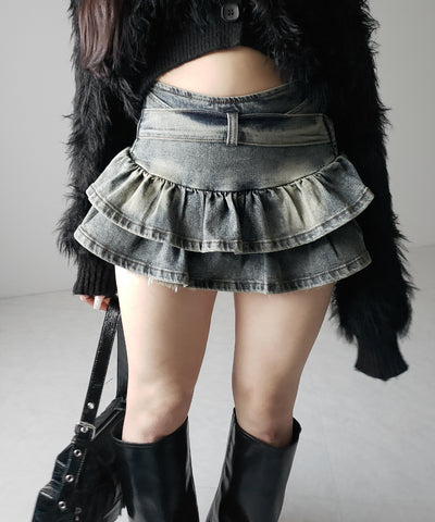 【 ２color 】ベルテッドフリルヴィンテージデニムミニスカパン ／ Belted frill vintage denim mini skirt pants