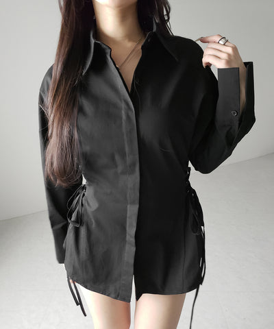 レースアップサイドリボンスリムラインシャツ ／ lace up side ribbon slim line shirt
