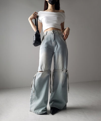 【 ４size ／ ２color 】カットアウトストラップヴィンテージルーズデニム ／ cutout strap vintage loose denim