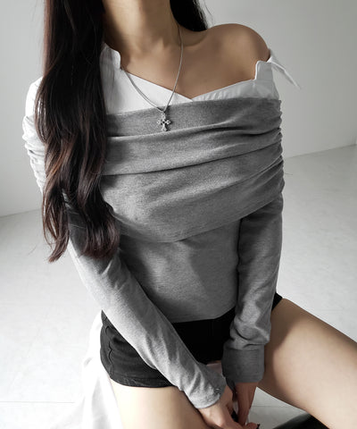 【 ２color 】シャツドッキングワイドオフショルトップス ／ shirt docking wide off shoulder tops