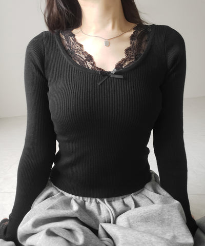 フロントリボンレース切替リブニットトップス ／ front ribbon lace switching ribbed knit tops