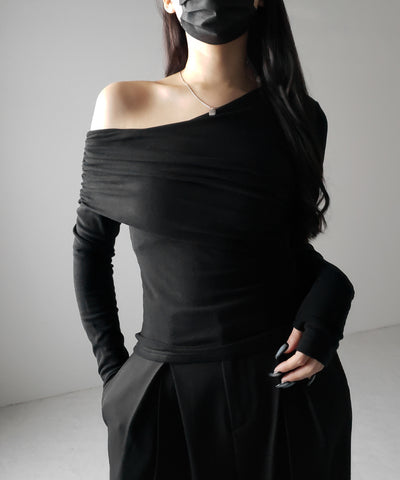 【 ２color ／ 裏起毛 】ワンショルダードレープギャザースリムトップス ／ One-shoulder draped gather slim tops
