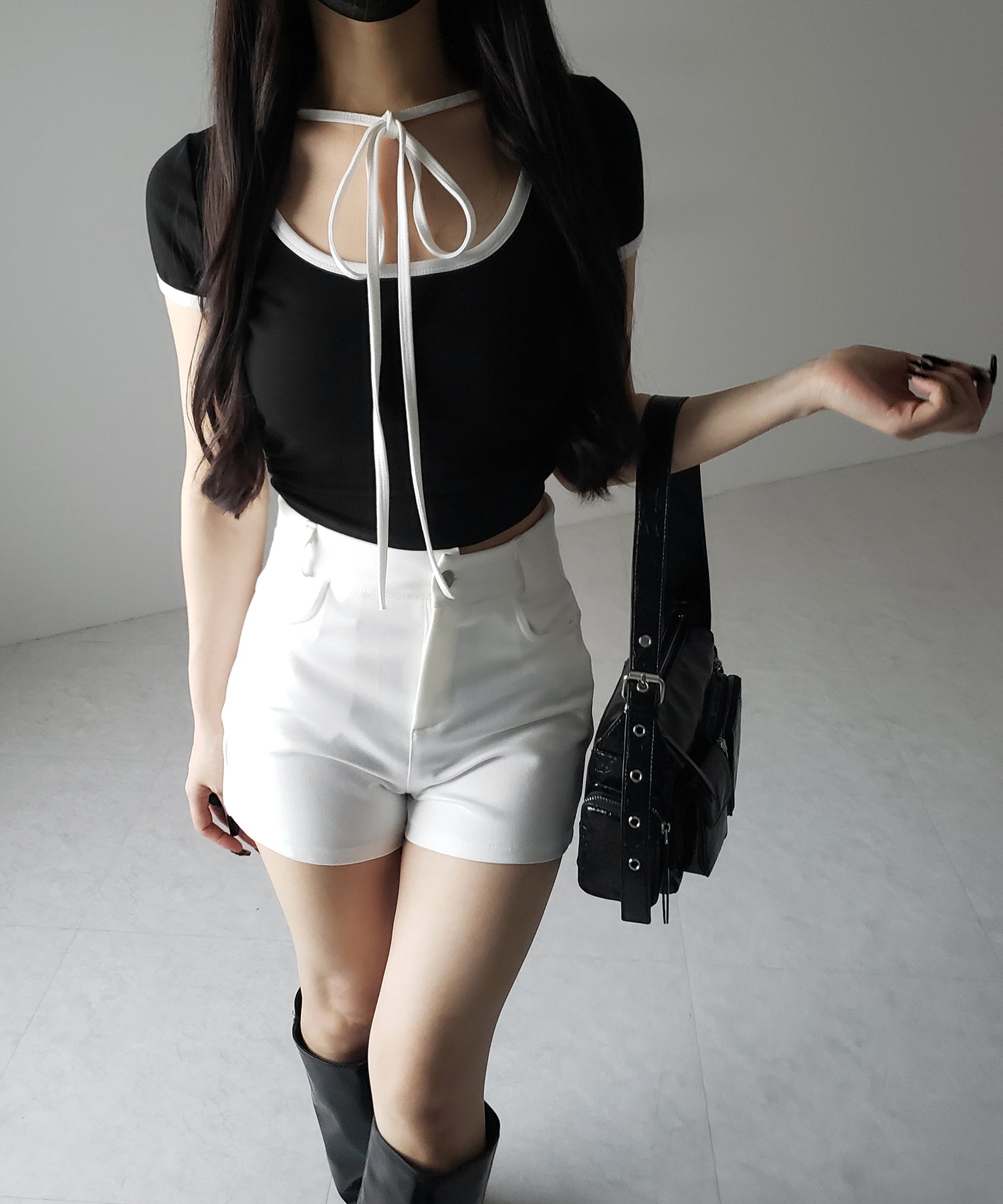 【 ２WAY ／ ２color 】配色ネックリボンチョーカーパイピングＴシャツ ／ bicolor neck ribbon choker piping T-shirt