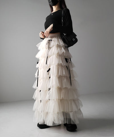 【 ４color 】ストラップリボンバレエコアチュールスカート ／strap ribbon ballet core tulle skirt