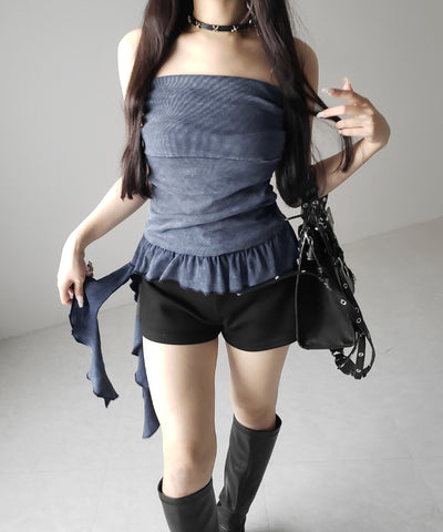 【 ２color 】ヴィンテージピグメントフリルベアトップス ／ vintage pigment frill bare tops
