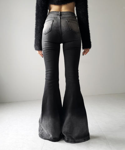 【４size 】ブリーチグラデーションストレッチブラックフレアデニム ／ bleach gradation stretch black flare denim
