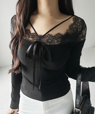 【 ２color 】クロスストラップレース切替リブトップス ／ cross strap lace switching ribbed tops