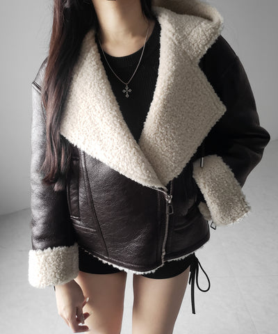 ヴィンテージレザーフーディボアムートンジャケット ／ vintage leather hoodie boa mouton jacket