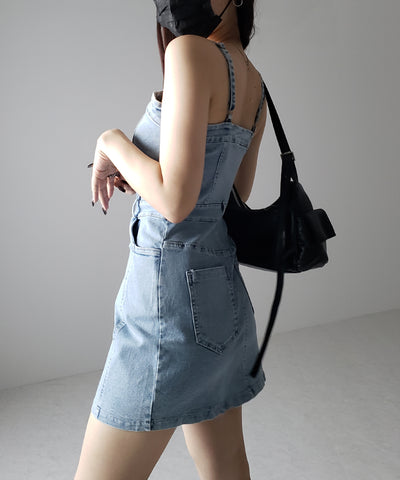 【 ２color 】ウォッシュデニムハイウエストミニキャミワンピース ／ wash denim high waist mini cami onepiece
