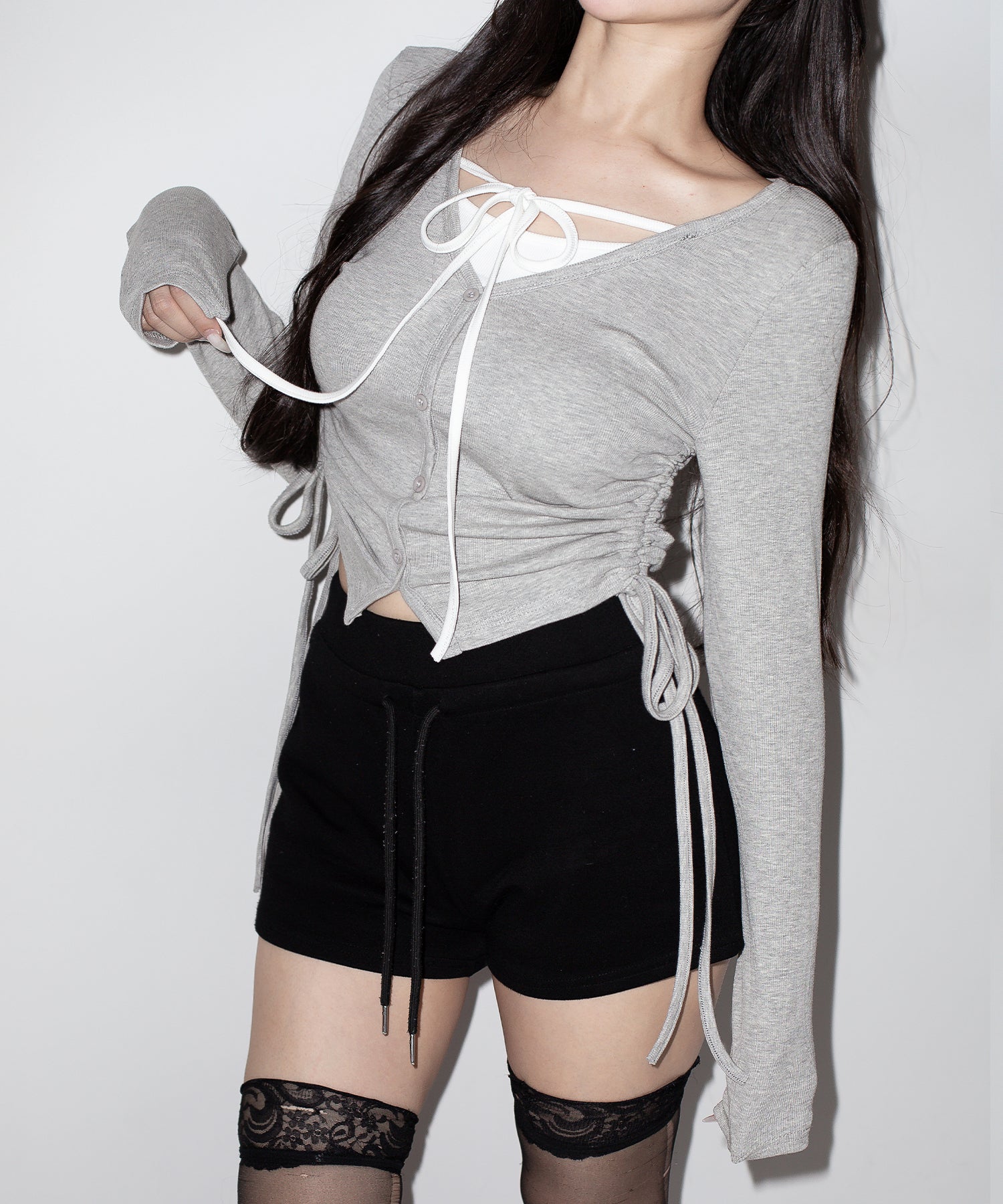 【 ３WAY 】レイヤード風シャーリングリボンリブトップス ／ fake layered shirring ribbon lib tops