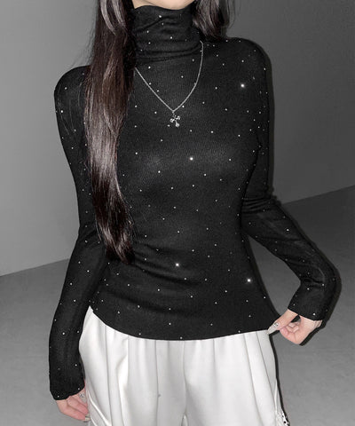 ラインストーンタートルニットトップス ／ Rhinestone turtleneck knit tops