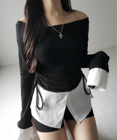 【 ２color ／ ２WAY 】シャツドッキングサイドリボンワンショルトップス ／shirt docking side ribbon oneshoulder tops