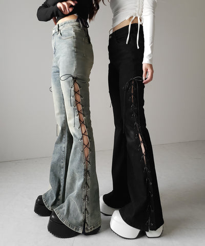 レースアップカットアウトストレッチフレアデニム ／ lace up cutout stretch flare denim