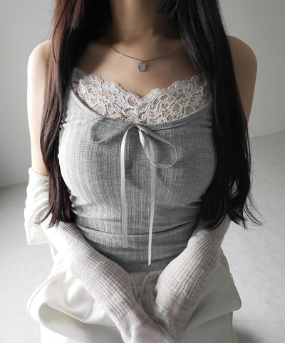 【 ３color ／ カップ付き 】フロントリボンレースドッキングキャミソール ／front ribbon lace docking camisole