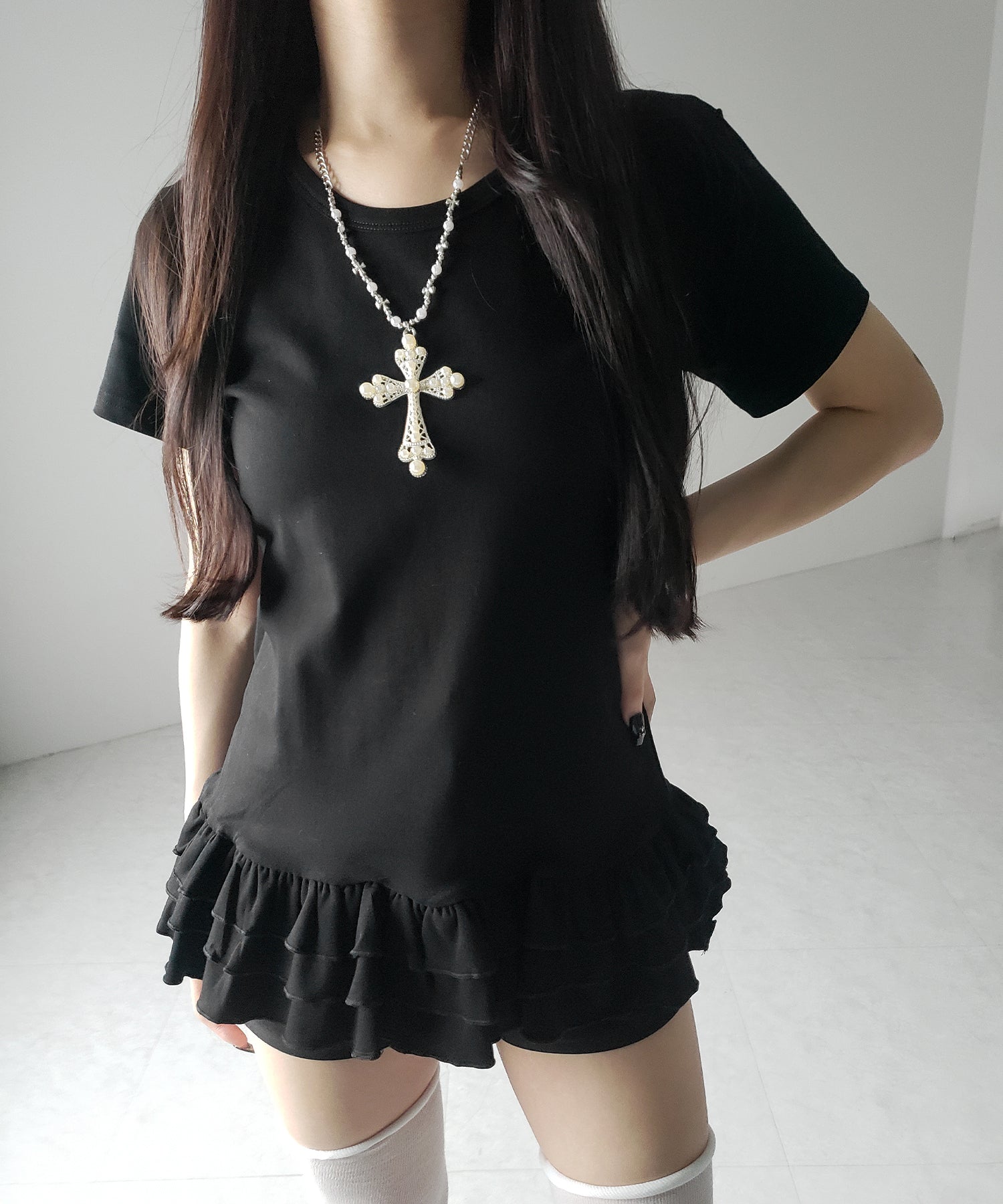 【 ２color 】裾フリルレイヤード半袖トップス ／ hem frill layered short sleeve tops