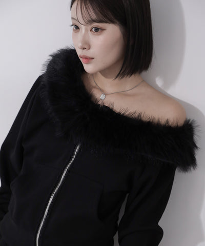 【 セットアップ 】ファーダブルジップワンショルスウェット＆タックワイドスウェットパンツ ／ Fur double-zip one-shoulder sweatshirt ＆ tuck wide sweatpants SETUP