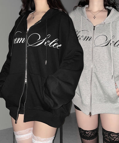 【 セットアップ可能 】レタリングロゴプリントダブルジップビッグパーカー ／ lettering logo print double zip BIG hoodie