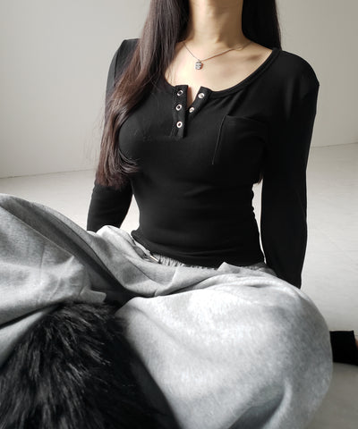 裏起毛ヘンリーネックスリムトップス ／ urakimo henry neck slim tops