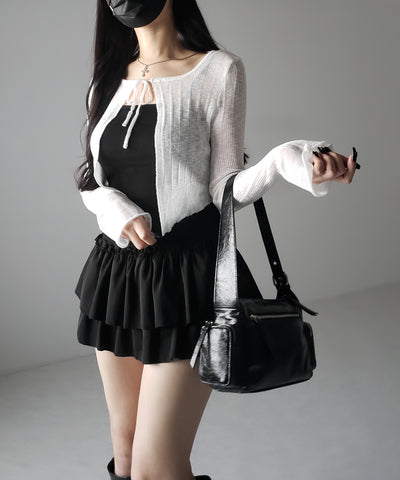 【 ２color 】フロントリボンシアーニットショートカーディガン ／ front ribbon sheer knit short cardigan