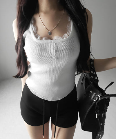 【 ２color 】スクエアネックレースニットタンクトップ ／square neck lace knit tank top