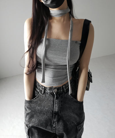 【 ３color ／ カップ付 】ロングチョーカークロスネックキャミソール ／ long choker cross neck camisole