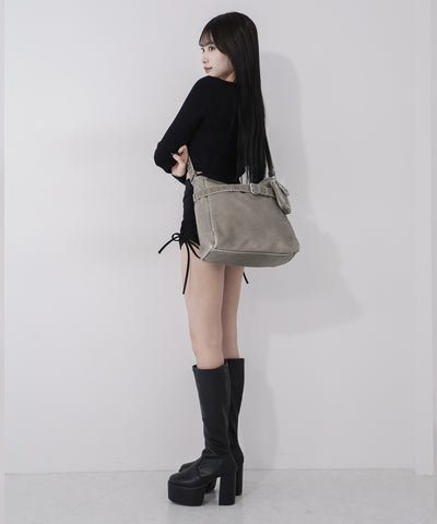 【 A4収納可 】ミニポーチ付きスタッズベルトヴィンテージフェイクレザーショルダーバッグ ／ mini poach SET studs belt vintage fake leather shoulder bag