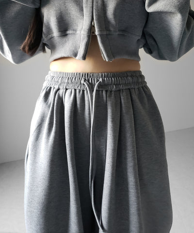 【 セットアップ 】ダブルジップショートパーカー ＋ タックワイドスウェットパンツ SET ／ double zip short hoodie + tuck wide sweat pants SET