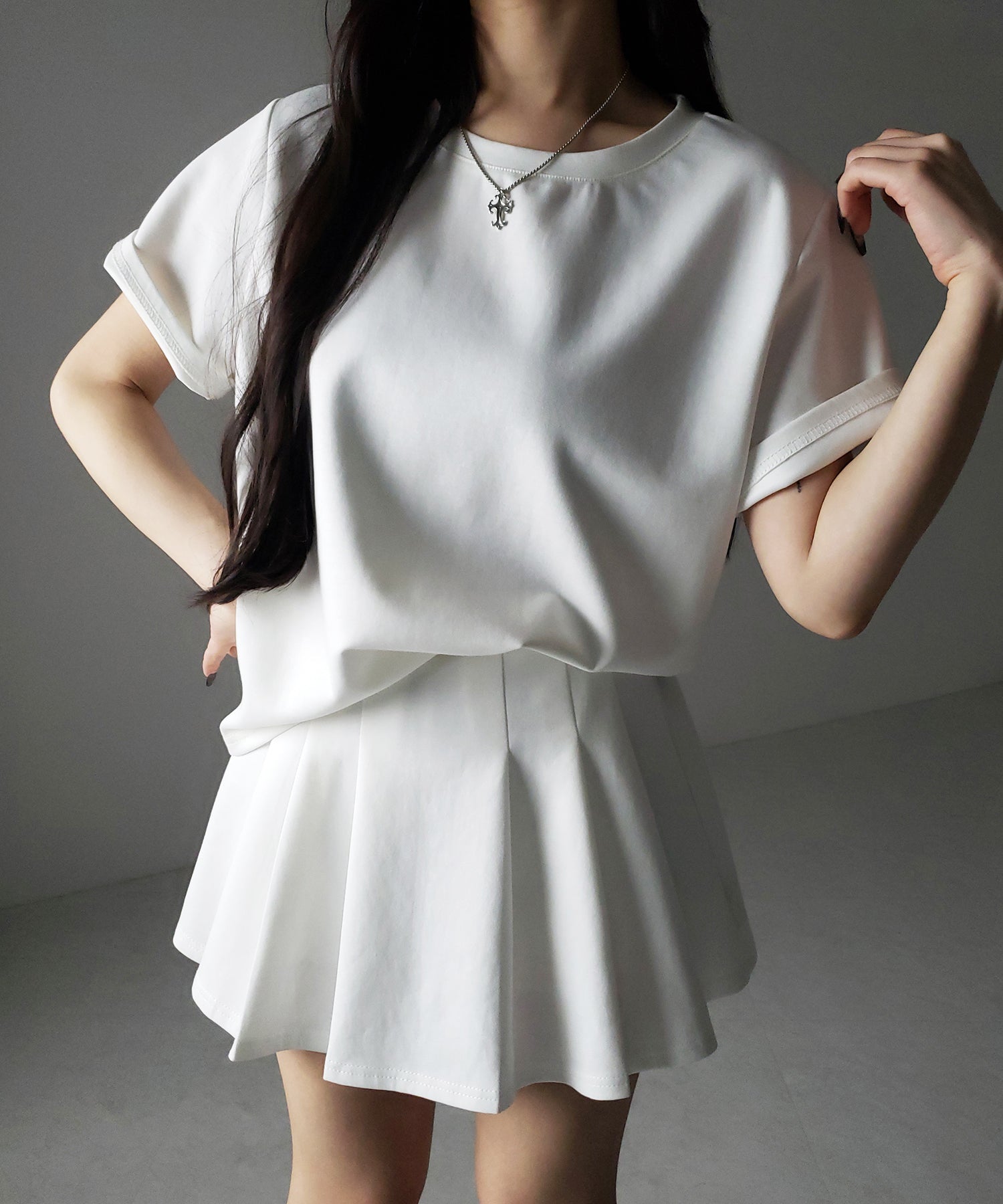【 セットアップ 】オーバーサイズ半袖Ｔシャツ＋プリーツミニスカート SET ／( SETUP ) oversize shortsleeve Tee + pleated mini skirt SET