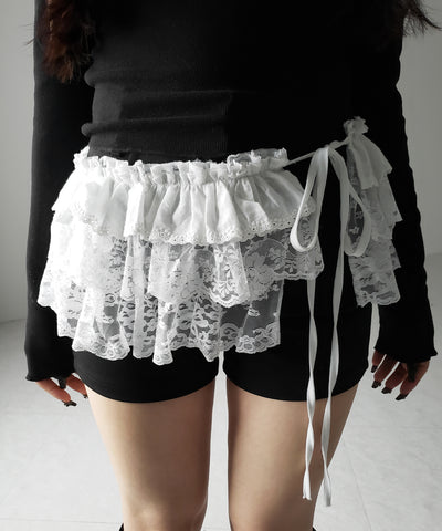 【 ２color 】ストラップリボンレースフリルミニ巻きスカート ／ strap ribbon lace frill mini wrap skirt