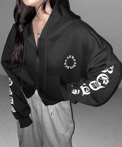 グランジロゴダブルジップショートパーカー ／ grunge logo double zip short hoodie