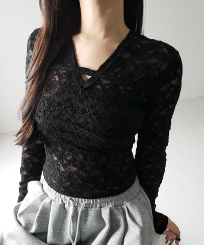 【 ２color 】Vネックスリムラインレーストップス ／ V-neck slimline lace tops