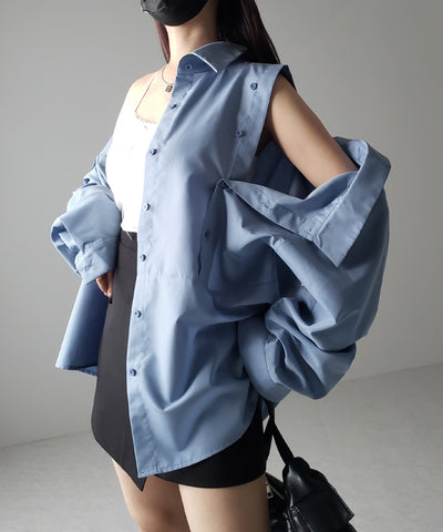 【 ３color 】オープンショルダーカットアウトビッグシャツ ／ open shoulder cutout big shirt