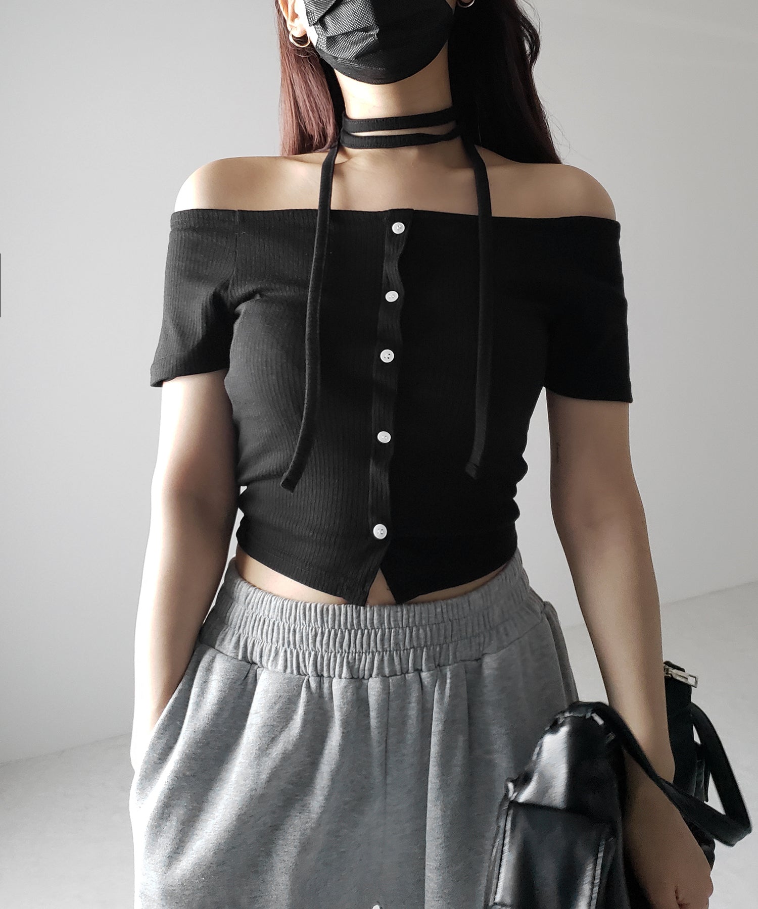 【 ２WAY 】ストラップリボンオフショルダーリブトップス ／ strap ribbon off shoulder rib tops