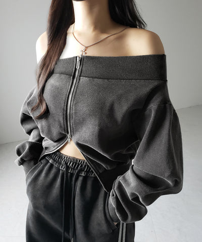 【 ２color 】ダブルジップピグメントオフショルスウェットトップス ／ double zip pigment off shoulder sweat tops