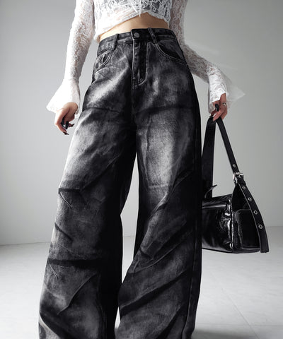 【 ４size 】CRACKクラッシュヘビーブリーチブラックワイドデニム ／ CRACK crash heavy bleach black wide denim