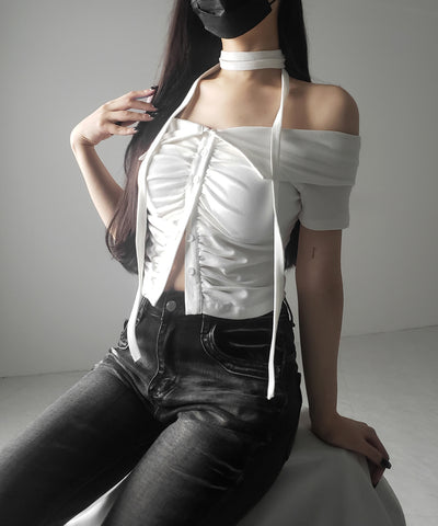 【 ３color 】チョーカーロングタイ付き　オフショルダータックギャザーＴシャツ ／ choker long tie SET offshoulder tuck gather slim T-shirt