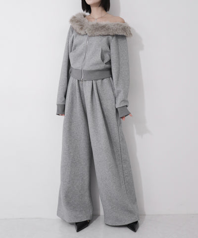 【 セットアップ 】ファーダブルジップワンショルスウェット＆タックワイドスウェットパンツ ／ Fur double-zip one-shoulder sweatshirt ＆ tuck wide sweatpants SETUP