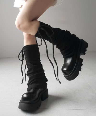 【 ２color 】ストラップリボンサイドシャーリングレッグカバー ／ strap ribbon side shirring leg cover
