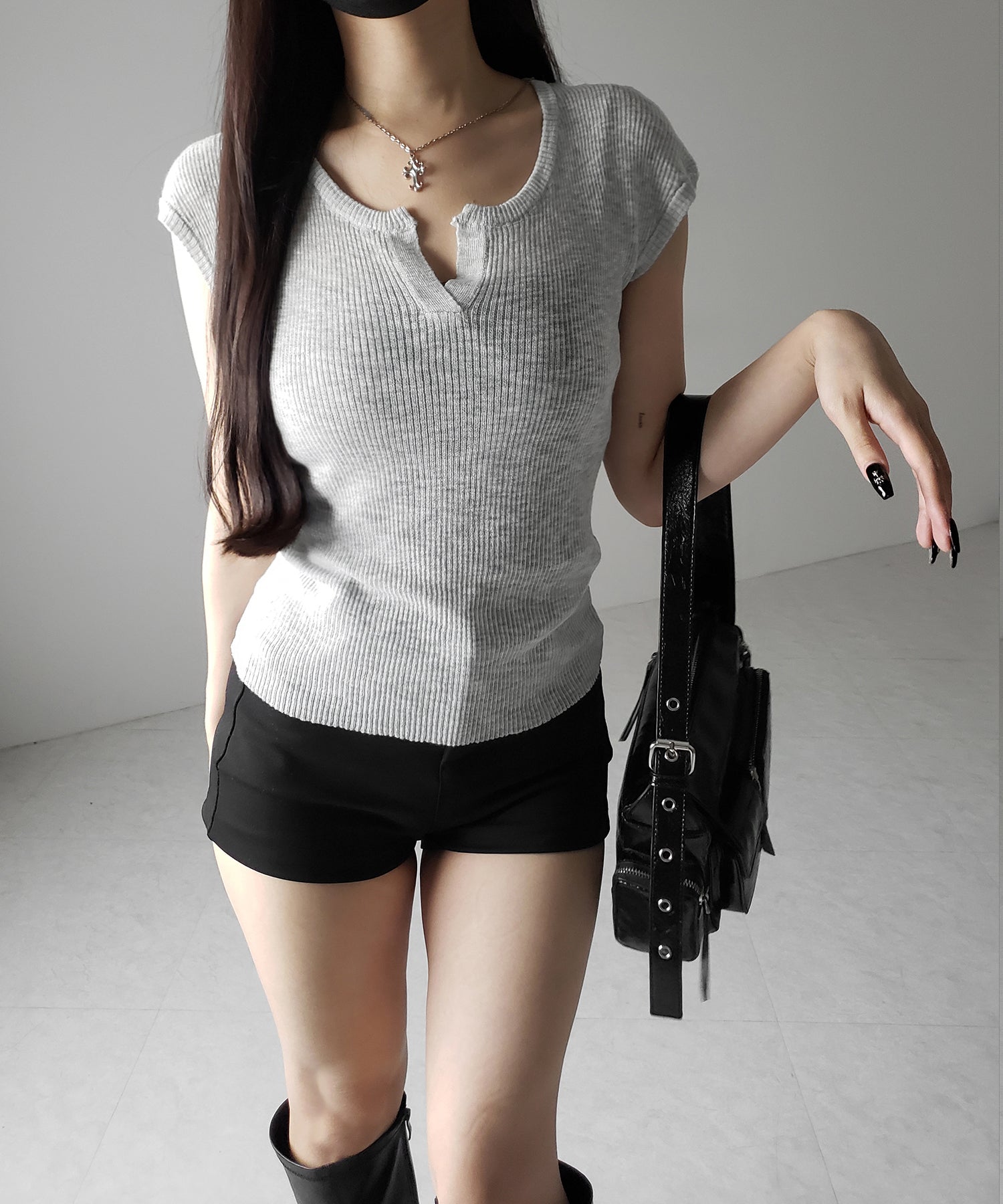 【 ２color 】キーネックルーズシアーリブニットトップス ／ key neck loose sheer rib knit tops