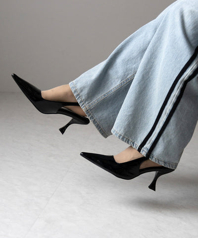 【 ２color 】ポインテッドトゥチャンキーヒールメタリックミュール ／ pointed toe chunky heel metallic mules