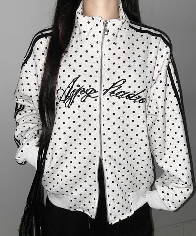 レタリングロゴ刺繍ドットラインオーバースウェットブルゾン ／ lettering logo embroidery dot line over sweat blouson