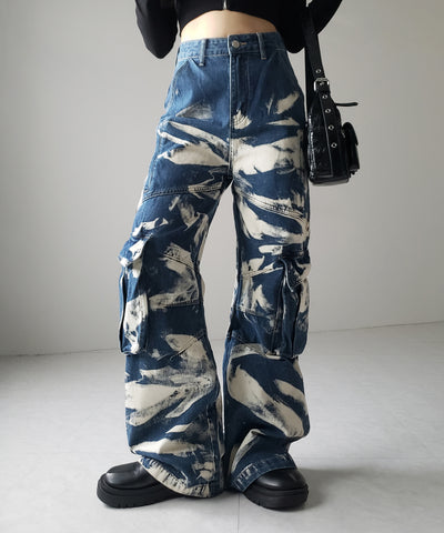 【 ２color ／ ４size 】クラッシュブリーチストレートカーゴデニム ／crash bleach straight cargo denim