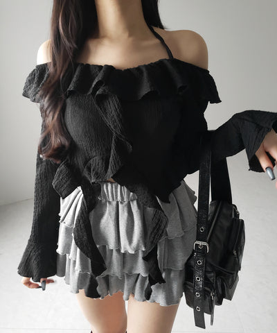 【 ２color 】クロスストラップリボンオフショルダーフリルブラウス ／ cross strap ribbon off shoulder frill blouse