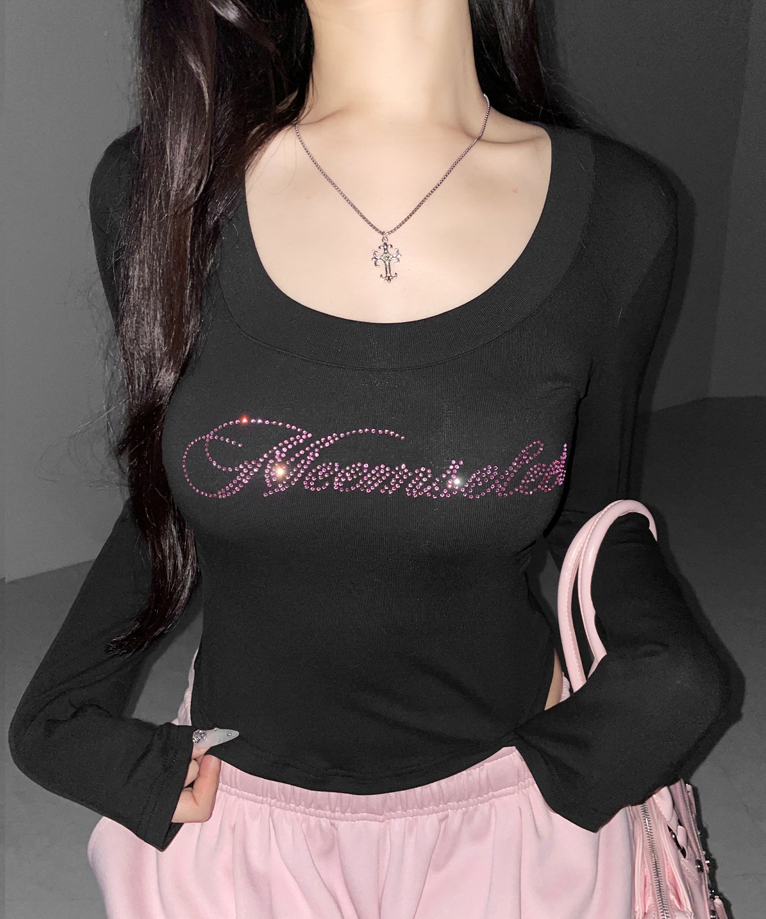 ラインストーンロゴスリムフィットロンT ／ Rhine stone logo slim fit long sleeve T-shirts