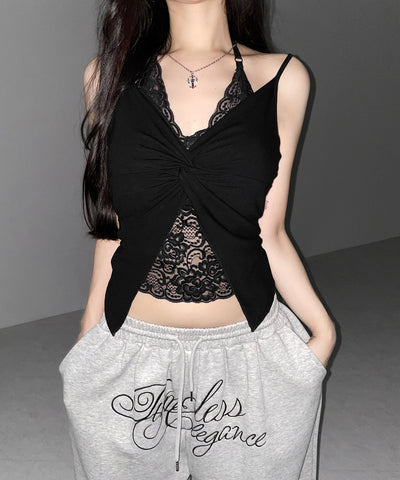 レースレイヤードクロスデザインキャミソール ／ lace layered cross design camisole