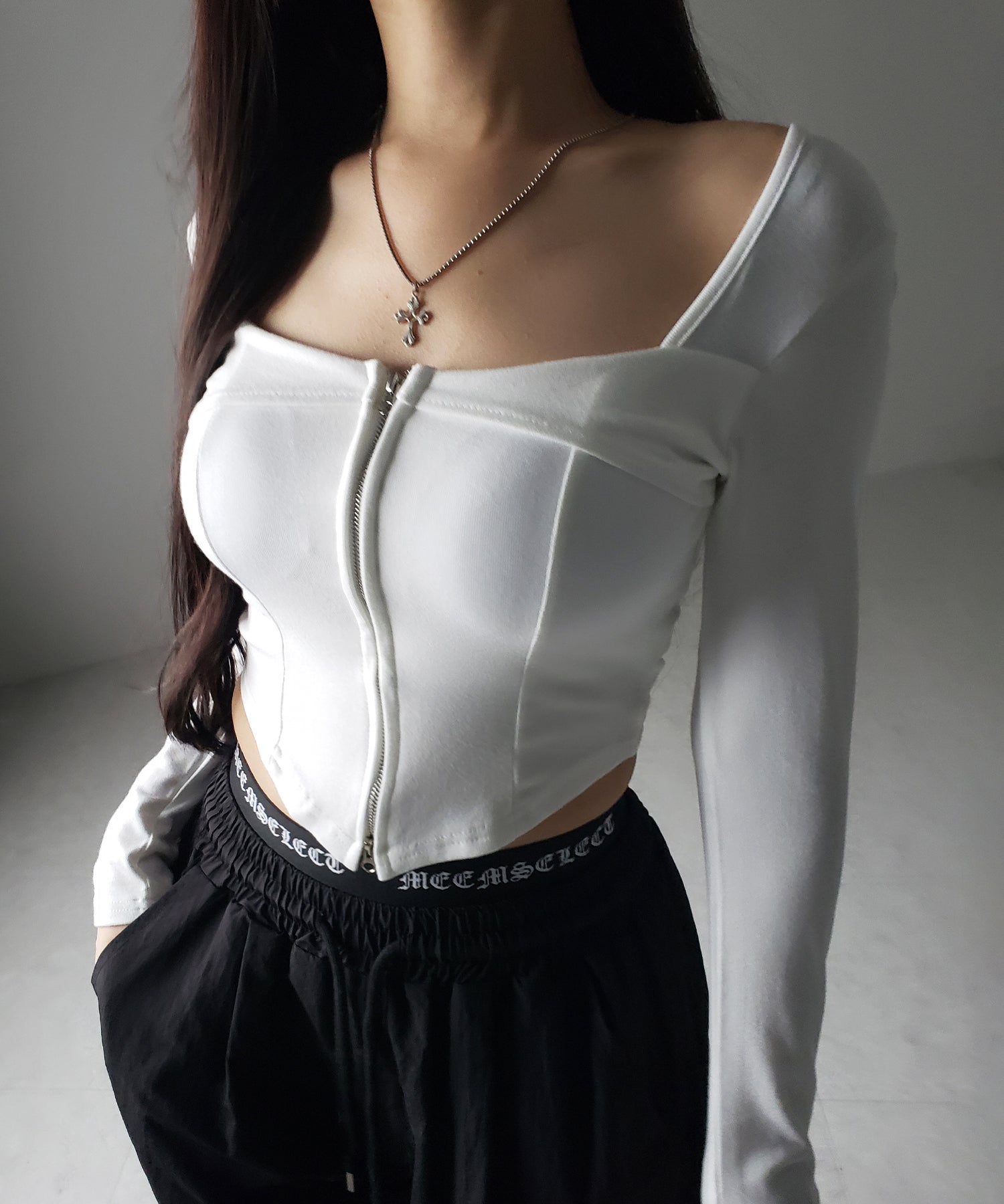 【 ２color 】ダブルジップコルセットスクエアネックロンＴ ／ double zip corset square neck longsleeve T-Shirt