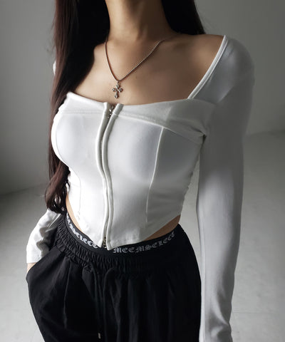 【 ２color 】ダブルジップコルセットスクエアネックロンＴ ／ double zip corset square neck longsleeve T-Shirt